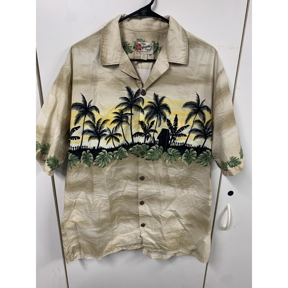 Vintage Hilo Hattie‎ Hawaiian Shirt Mens XL Button Up Short Sleeve Cotton Beige